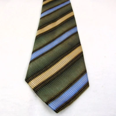 "Corbata de seda Umberto Bossi Roma Milano Italia hecha a mano verde azul dorado rayas 58""" Foto 1 de 4