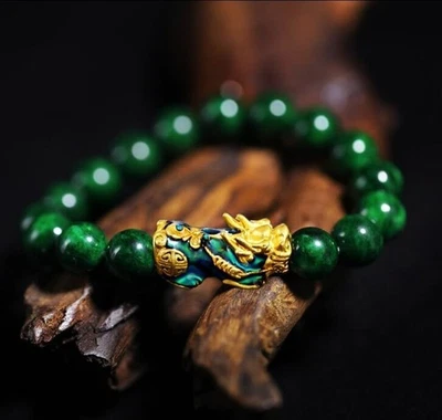 Green Jade Beads Bracelet Men Women Pixiu Charm Crystal Wealthy Stretch Bracelet - Image 1 of 3