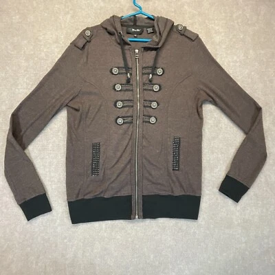 Miss Me Women Large Brown Studded Crochet Button Trim Army Military Style Hoodie - Image 1 of 4