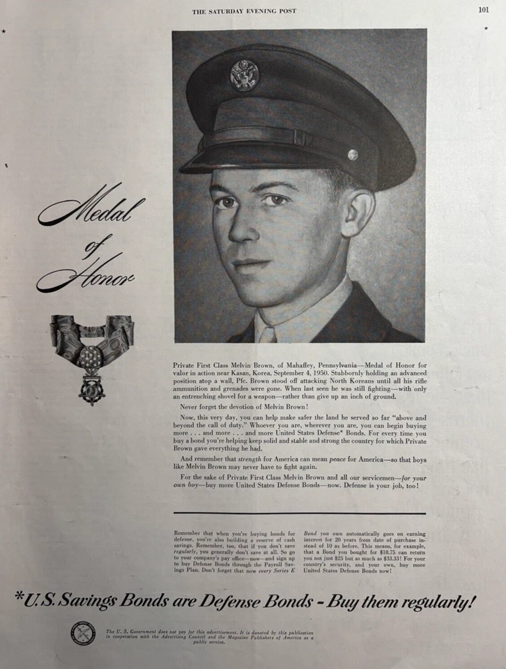 Bonos de ahorro de Estados Unidos 1951 Medalla de honor Melvin Brown Mahaffey Corea anuncio impreso de colección Foto 1 de 1