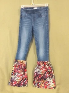 Girls Flared Jeans Sz 14 Reworked Jeans Colorful Boho Abstract Bell Bottom - Picture 1 of 10