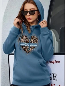Women’s Cute Heart Leopard Print Drawstring Hoodie Spring Fall Winter Sz Large - Picture 1 of 5