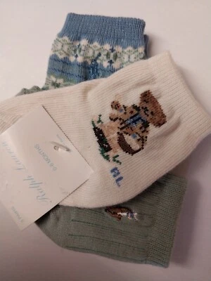 Newborn 0-6m Baby Boys Ralph Lauren POLO BEAR Crew Socks BOY Flowers , 3 PAIR  - Image 1 of 4