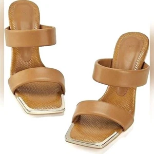 Square Toe Sandal Womens Sz 8.5 Block Heel Double Strap Mule Slide Metal Toe Tan - Picture 1 of 14