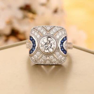 Art Deco Simulated Round Cut Sapphire Women's Wedding Fine Ring In 935 Silver - Picture 1 of 8