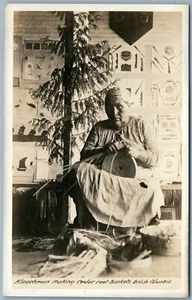 INDIAN KLOOCHMAN MAKING CEDAR ROOT BASKETS B.C. CANADA ANTIQUE REAL PHOTO RPPC - Picture 1 of 2
