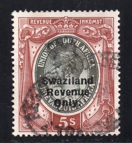 1922 Swaziland Bft:74 5/- Brown & Grey. Very Fine Used Revenue Cover