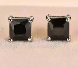 2Ct Princess Cut Lab Created Black Diamond Stud Earrings 14K White Gold Plated - Picture 1 of 5