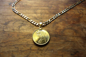 MENS Cleopatra Egyptian Piastres Brass Coin Pendant 18KGF 24" GOLD FILLED CHAIN
