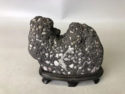Y7921 OKIMONO Suiseki natural viewing stone stand black Japan antique interior - Image 1 of 4