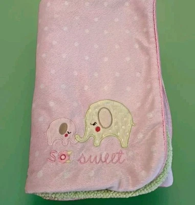 Carters Pink Baby Blanket with Green Elephant in Corner ~So Sweet Plush Dotted - Image 1 of 4