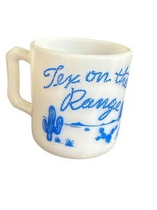 Hazel Atlas “Tex on the Range” Child’s Milk Glass Cup Blue Cowboy Graphics READ - Picture 1 of 16