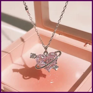 Y2K Rosa Planet Herz Zirkon Anhänger Halsketten Frauen Mode Ästhetisches Schlüsselbein - Bild 1 von 29