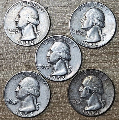 1950 - 1955 Silver Quarters, 5 coin lot - 90% Silver, Perfect 4 Albums, Q505a - Image 1 of 2
