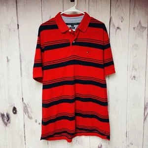 Tommy Hilfiger Classic Fit Mens Size Large 1/4 Button Polo Red Striped Shirt - Picture 1 of 3
