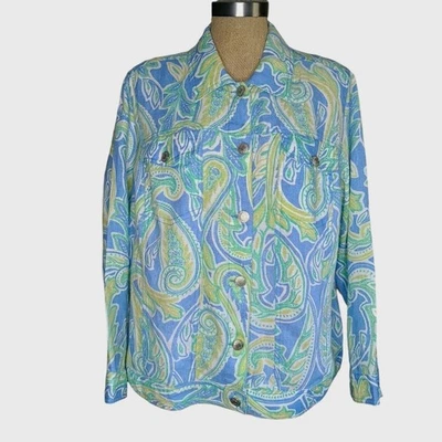 Vintage Carole Little Shirt Jacket Green Blue Paisley 90s Artwear Colorful - Image 1 of 4