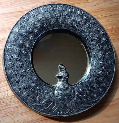 Round Peacock Mirror Silver Pewter Colored Wall Hanging Gargoyle Studio - Image 1 of 4