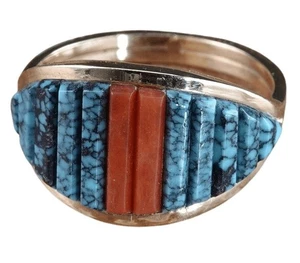 Sz8 14K gold High Grade Turquoise and Coral Native american ring Possibly Hopi - Picture 1 of 6