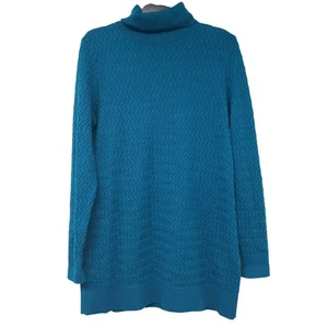 Lands End Deep Teal Cable Knit Turtleneck Sweater Dress Long Tunic Womens M - Picture 1 of 10