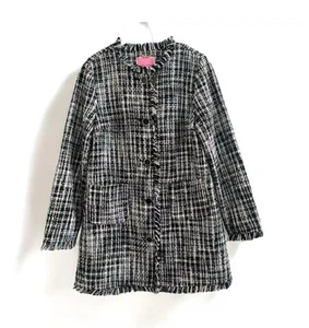 Kate Spade New York Fringe Tweed Black White Mid Length Coat Size 12 - Picture 1 of 3
