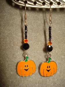 2 1/2" Drop Halloween Enamel Pumpkin Faceted Crystal Bead SP Earwire Earrings - Picture 1 of 7