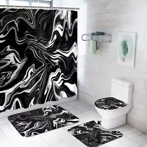 Black and White Shower Curtain Set with Rugs, Marble Bathroom Set with Non-Slip - Picture 1 of 7