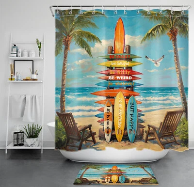 Nautical Surfboard Hawaii Ocean Beach Shower Curtain Set for Bathroom Decor - Image 1 of 4