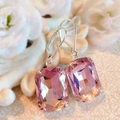 3Ct Emerald Cut Lab-Created Pink Sapphire Dangle Earring 14K White Gold Plated - Image 1 of 4