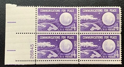 1960 US SCOTT #1173 ECHO COMMUNICATION FOR PEACE VIOLET 4C PLATE BLOCK OF 4 MNH - Image 1 of 2