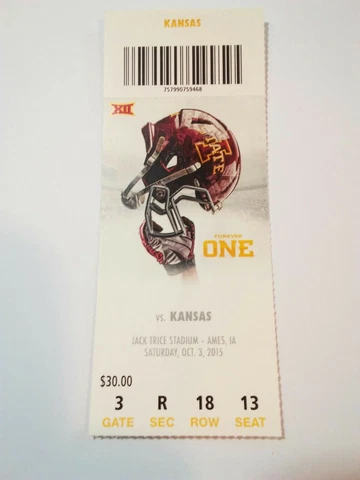 2015 Iowa State Cyclones Kansas Football Ticket Stub Cover