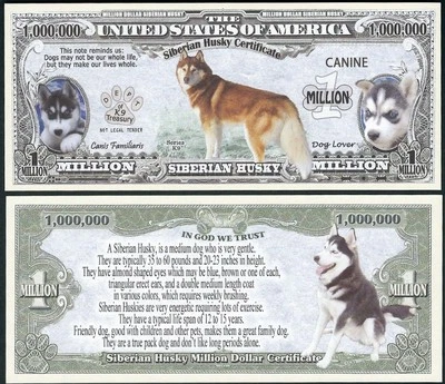 Siberian Husky Dog Certificate Million Dollar Bill Funny Money K + FREE SLEEVE