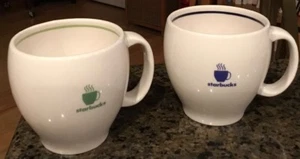 Set of 2 2003 Starbucks Barista Coffee Cups/Mugs White w/Blue & White w/Green - Picture 1 of 4