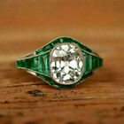 Vintage Art Deco 3.50Ct Oval Cut Diamond & Green Emerald 14K White Gold FN Ring
