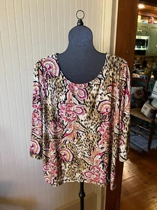 JM Collection~2X~Artsy Pink Paisley Floral & Animal Print~Slinky Liquid Knit Top - Picture 1 of 5