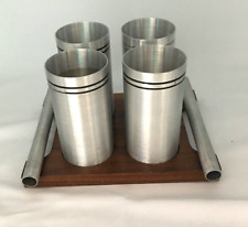 Set of 4 Aluminum Cups With Black Stripe Wood & Aluminum Tray MCM by West Bend