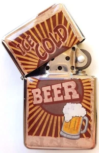 Retro Beer Design Metal Windproof Flip Top LIGHTER. Ice Cold Beer - Picture 1 of 5