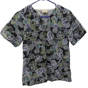 Black Tafford Scrub Top Women XS Green & Blue Floral Design, Large Pockets - Picture 1 of 8