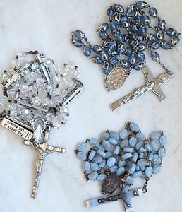 Lot 3 Vintage Faceted AB Crystal Bead Rosary Silver Crucifix Ornate Cross France - Picture 1 of 10