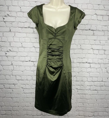 VTG Nicole Miller Green Satin Ruched Zipped Lined Pencil Dress USA Made Size 6 - Image 1 of 4