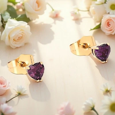 Boucles d’Oreilles - Femme - Puces - Coeur - Améthyste - Plaqué Or Jaune 750 - Photo 1/4