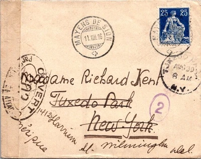 SWITZERLAND 1916 WWI POSTAL HISTORY MILITARY CENSORED COVER TO USA CANC MAYENS - Image 1 of 2