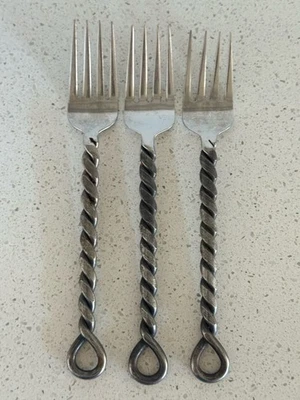 Set of 3 Pottery Barn PBN6 Stainless Salad Forks Twisted Handle 7 3/8” Thailand - Image 1 of 4