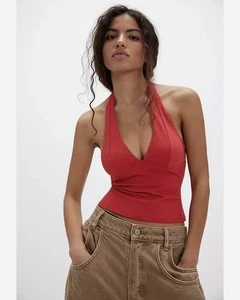 Free People Still Here Halter Cami Crop Top in Cherry Red Athleisure NWT Smal - Picture 1 of 5