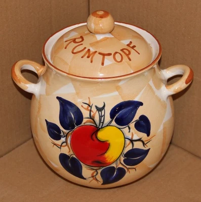 Rumtopf mit Deckel, 2,5 Liter, Höhe 20 cm, in Beige, bunt bemalt mit Apfel - Bild 1 von 3