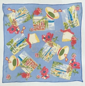 Vintage ANN TAYLOR Silk Scarf Blue Multi Chiffon Beach Scenery Hat Floral 16” - Picture 1 of 5