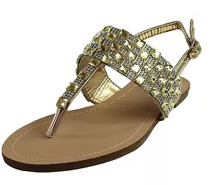 New women's shoes open toe sandal t strap casual party color rhinestones Gold - Picture 1 of 10