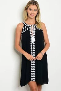 Black White Sleeveless Embroidered Yolk Tie Shift Dress - Picture 1 of 2