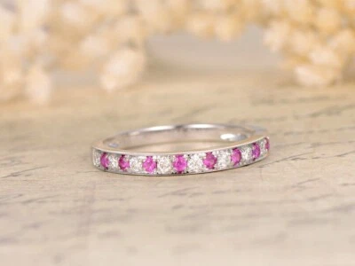 Round Cut 0.55 Ct Natural Red Ruby Diamond Bridal Ring 14K White Gold Size 6 - Image 1 of 4