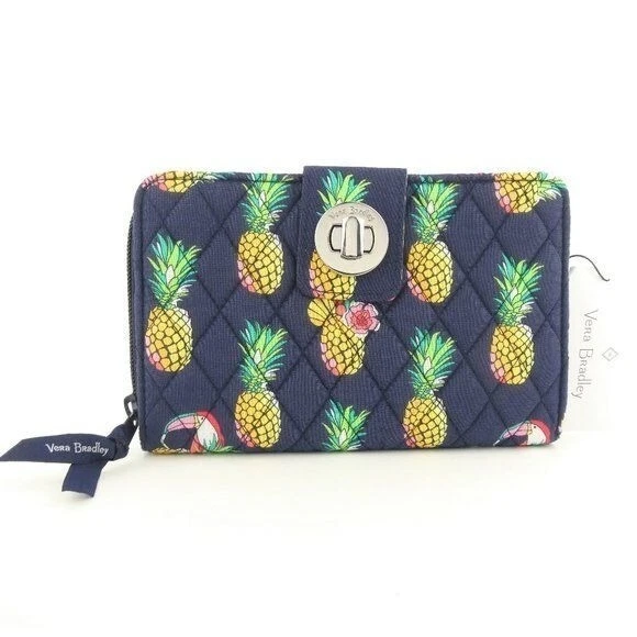 Vera Bradley Toucan Party Pineapples RFID Turnlock Wallet Navy Background