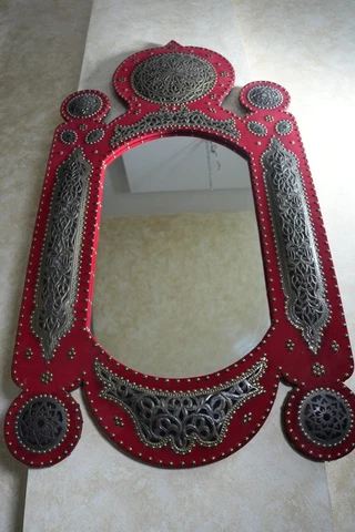 Intricately Silver Inlaid Velvet Wood Large Antique Moorish Damascene Mirror Cover